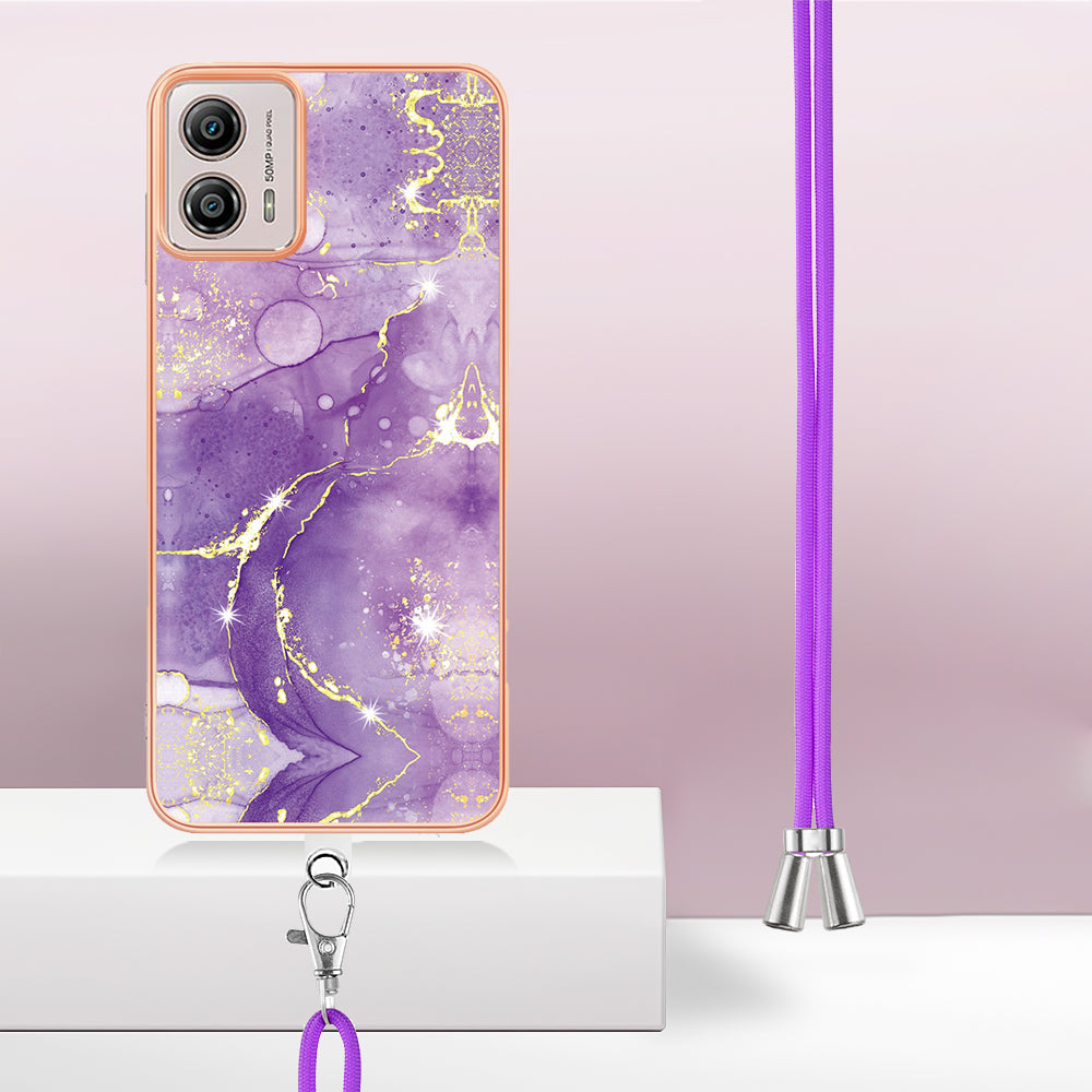 YB IMD Series-9 For Motorola Moto G53 5G / G13 4G TPU Cover Electroplated IMD Marble Pattern Phone Case with Lanyard - Purple 002 YB IMD Series-9 For Motorola Moto G53 5G / G13 4G TPU Cover Electroplated IMD Marble Pattern Phone Case with Lanyard - Purple 002